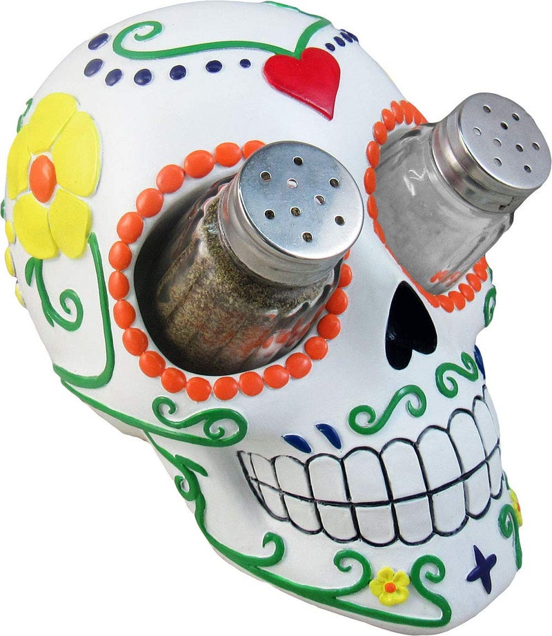 دوك DWK 7 بوصة Sugar 'N' Spice مرسومة يدويًا يوم الموتى Dia de Los Muertos Sugar Skull Salt and Pepper Shaker مجموعة طعام المطبخ - Image 1